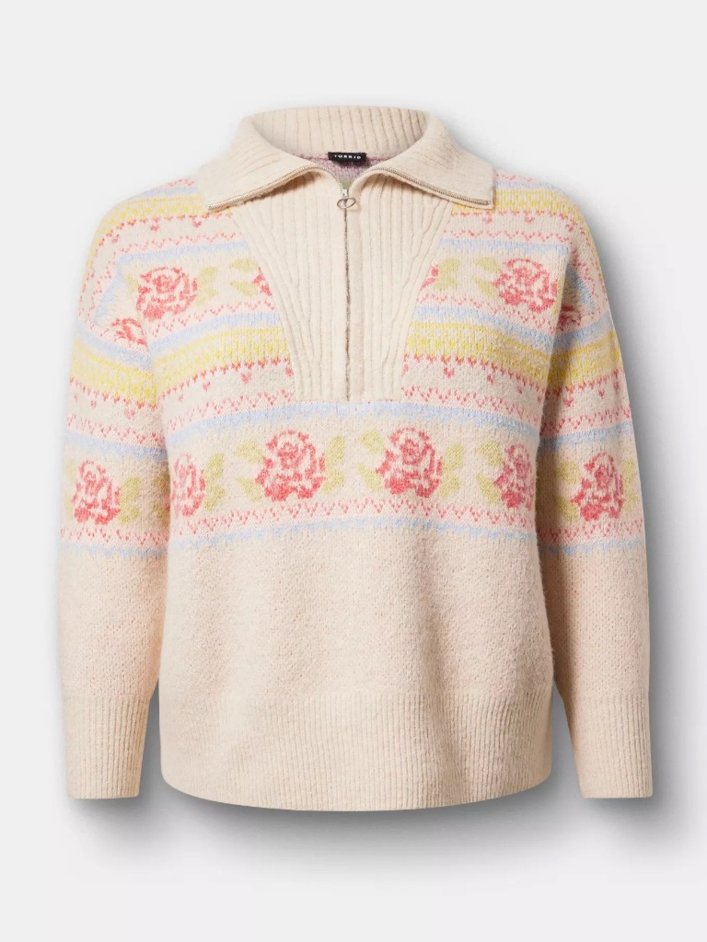 Torrid Sweater 3X Vegan Cashmere Pullover Top 1/2 Zip Floral Fair-isle Plus Size
